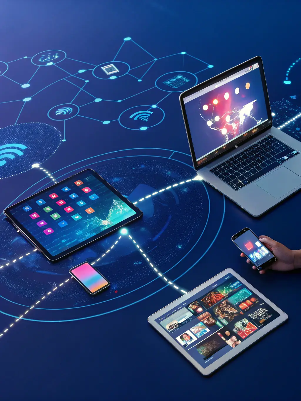 An illustration of interconnected mobile devices, representing a mobile app development course by StockMan Company.
